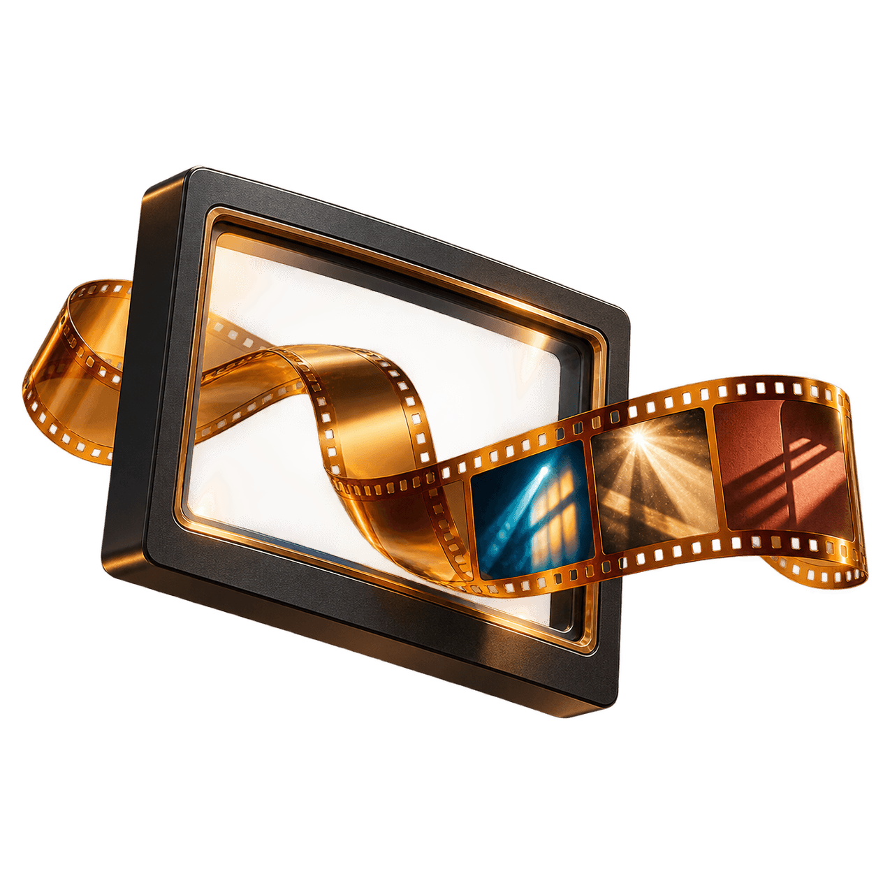 A cinematic viewfinder and celluloid marketing sculpture