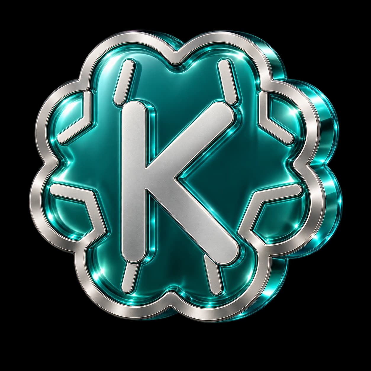 A conceptual brain-shaped K sculpture in teal glass and satin silver