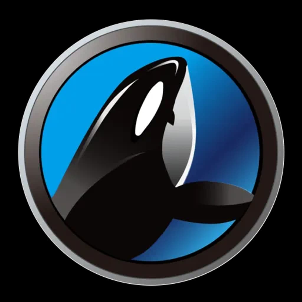 A black-and-white orca emblem with a blue circular field and metallic rim